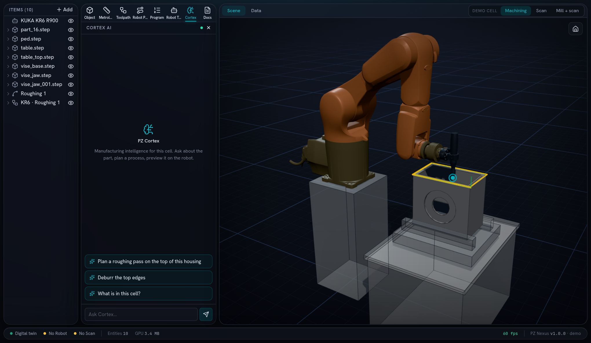 The Nexus workspace: Items list, Cortex panel and a KUKA KR6 machining cell